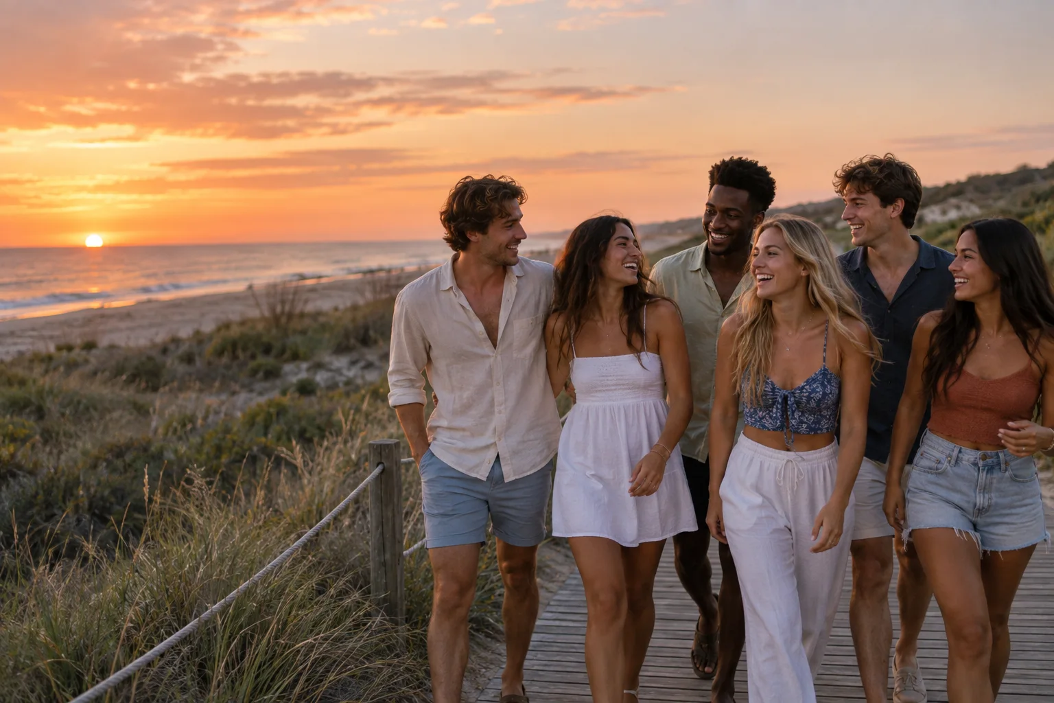 Six college-aged adult friends laughing together on a coastal boardwalk at sunset.